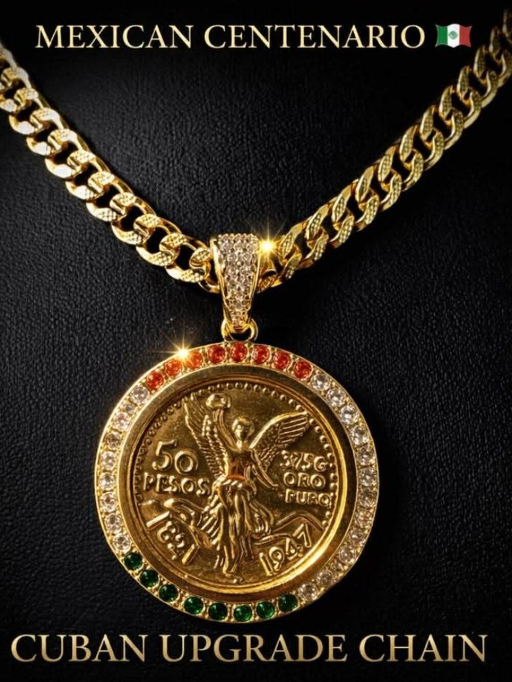 Centenario 50 Pesos Pendant 1.5" CZ Colorful Upgraded Cuban Necklace 24" 6mm - Picture 1 of 2